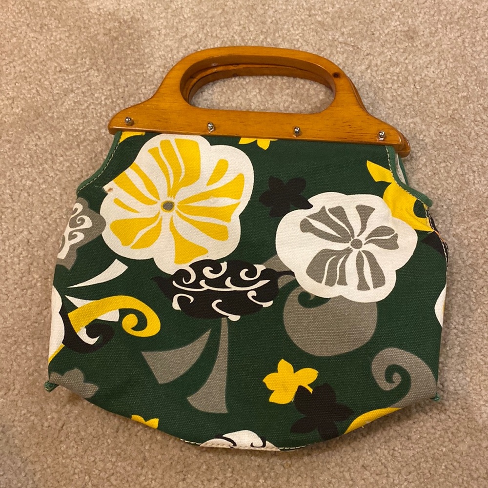 JCrew green clutch with flowers and leaves